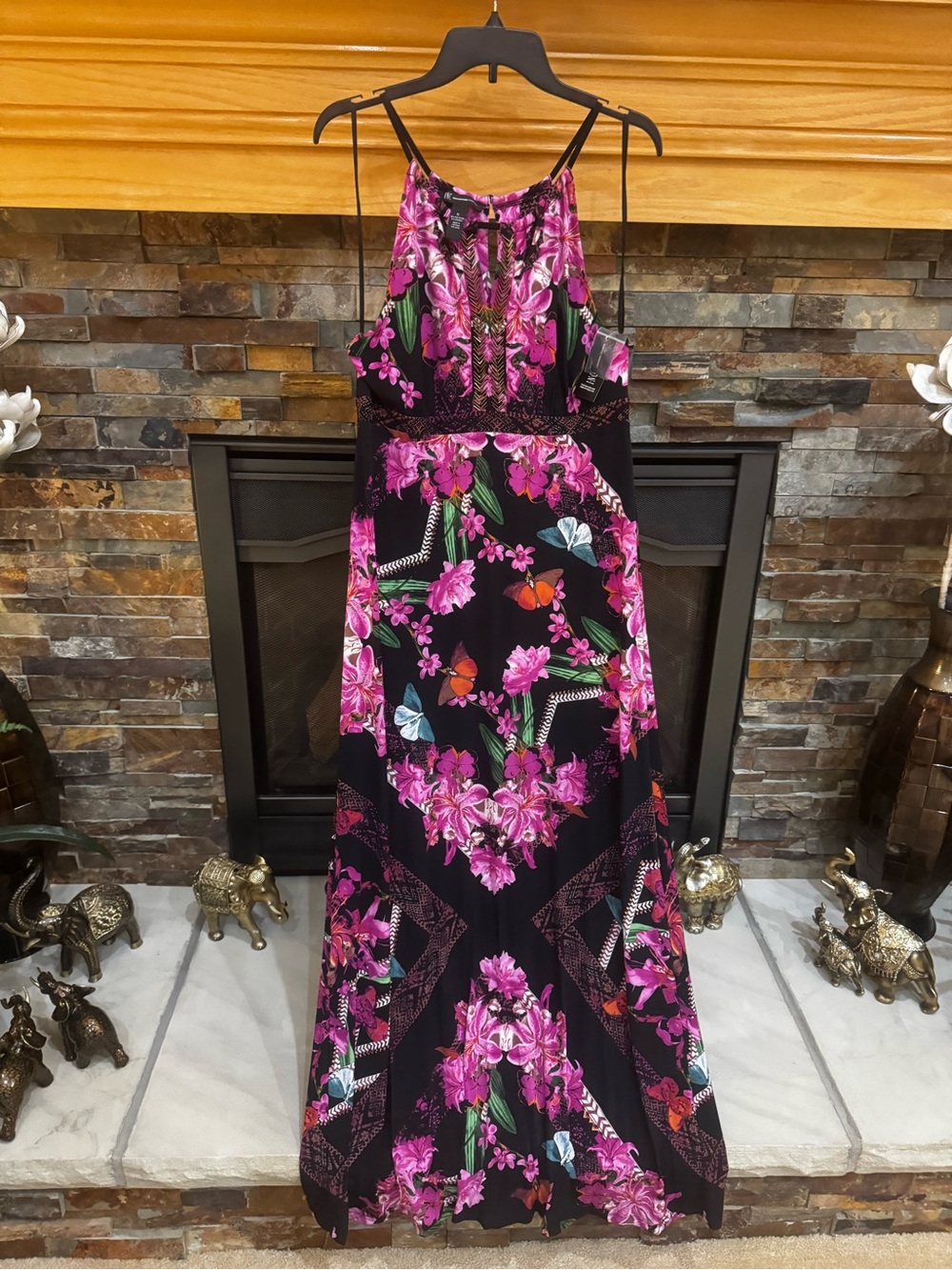 INC International Concepts Black Maxi Dress with Pink Floral Print